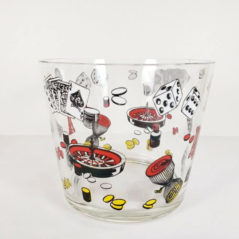 Vtg Clear Glass Ice Bucket Poker Chess Gambling Casino Theme Barware MCM
